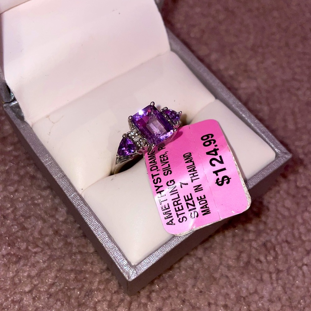 AMETHYST DIAMOND STERLING SILVER RING SIZE 7
